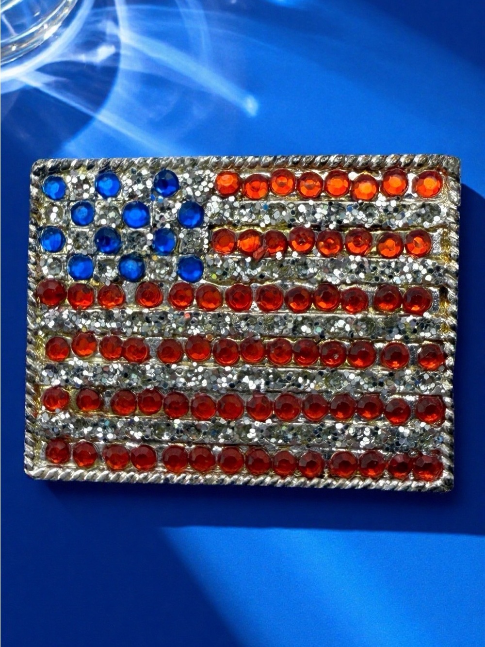 American Flag Brooch: Silver Plated w Pave Red Clear Blue Crystals 1.5" X 1.25"